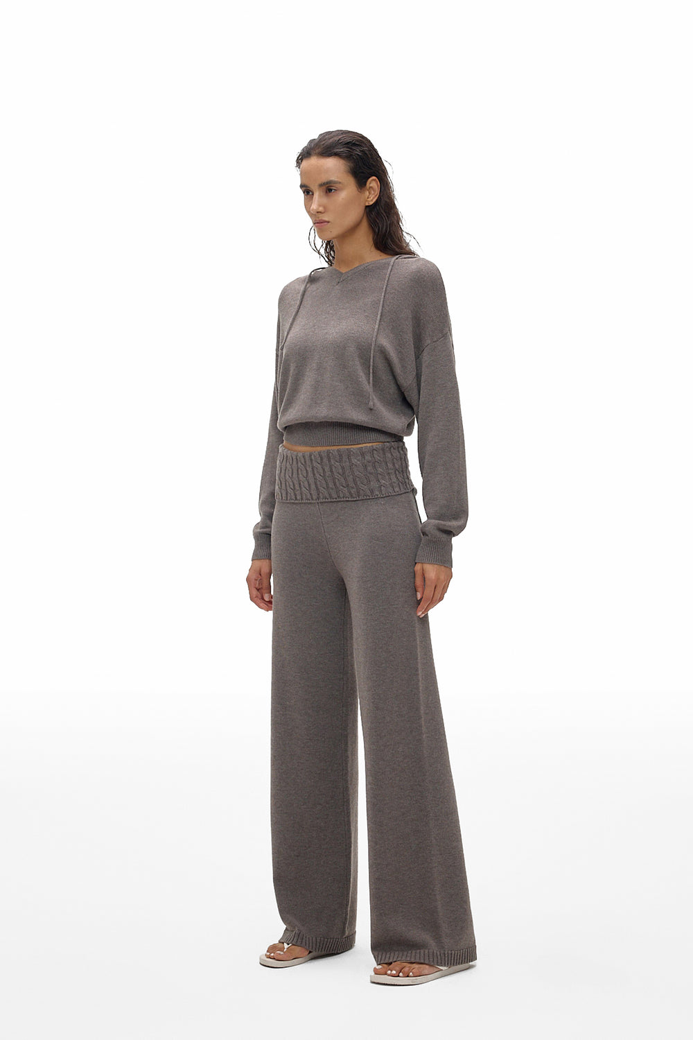 Foldover Waist Wide-Leg Knit Pants