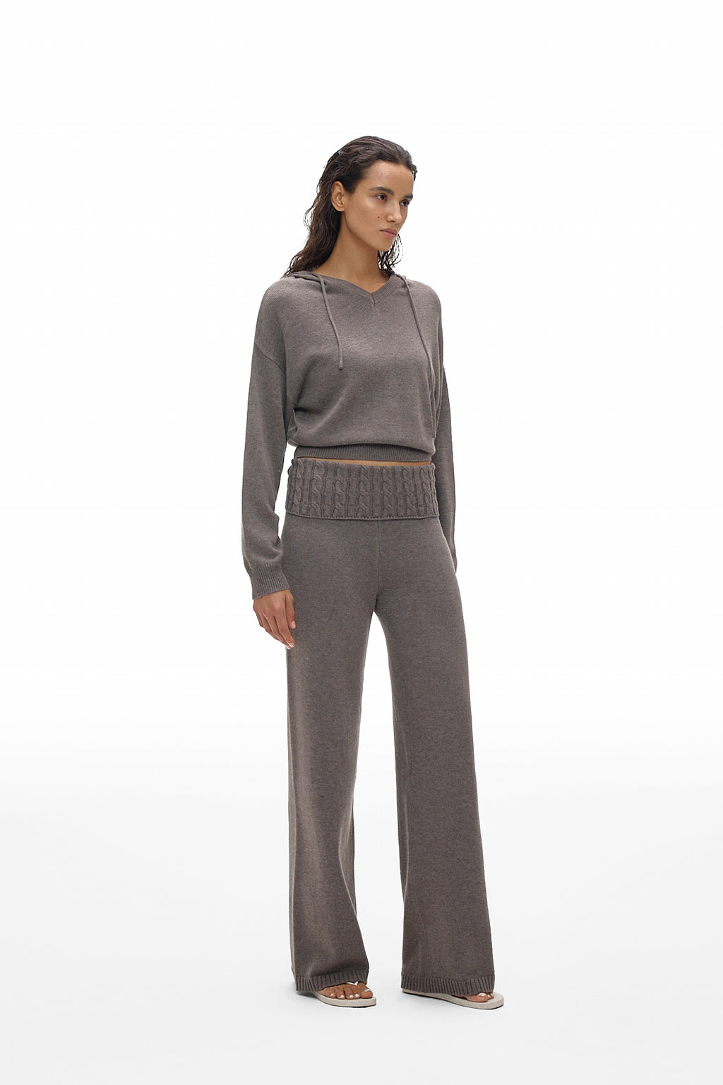 Foldover Waist Wide-Leg Knit Pants