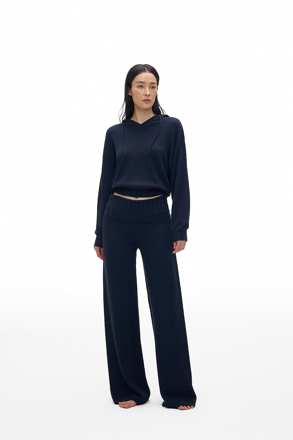 Foldover Waist Wide-Leg Knit Pants