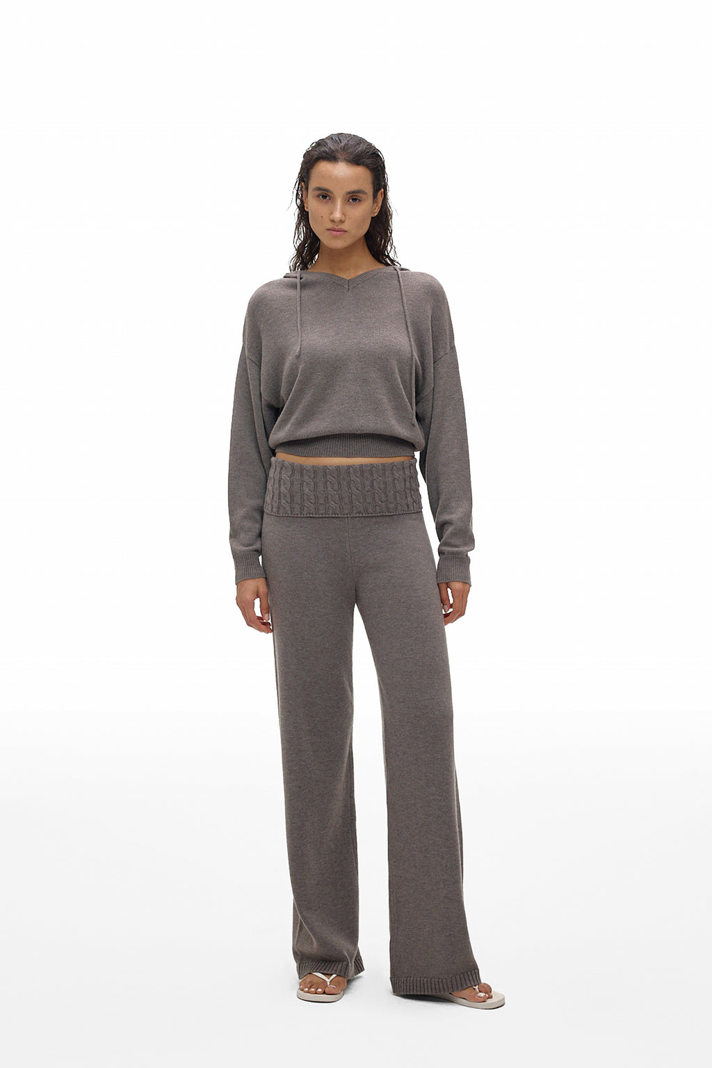 Foldover Waist Wide-Leg Knit Pants