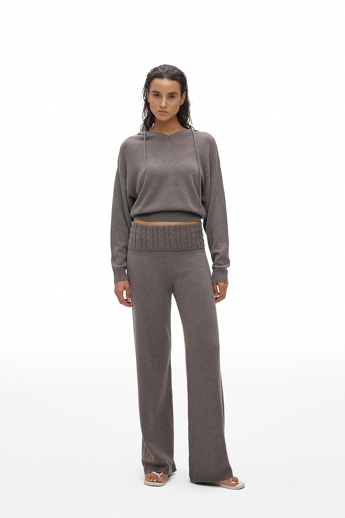 Foldover Waist Wide-Leg Knit Pants
