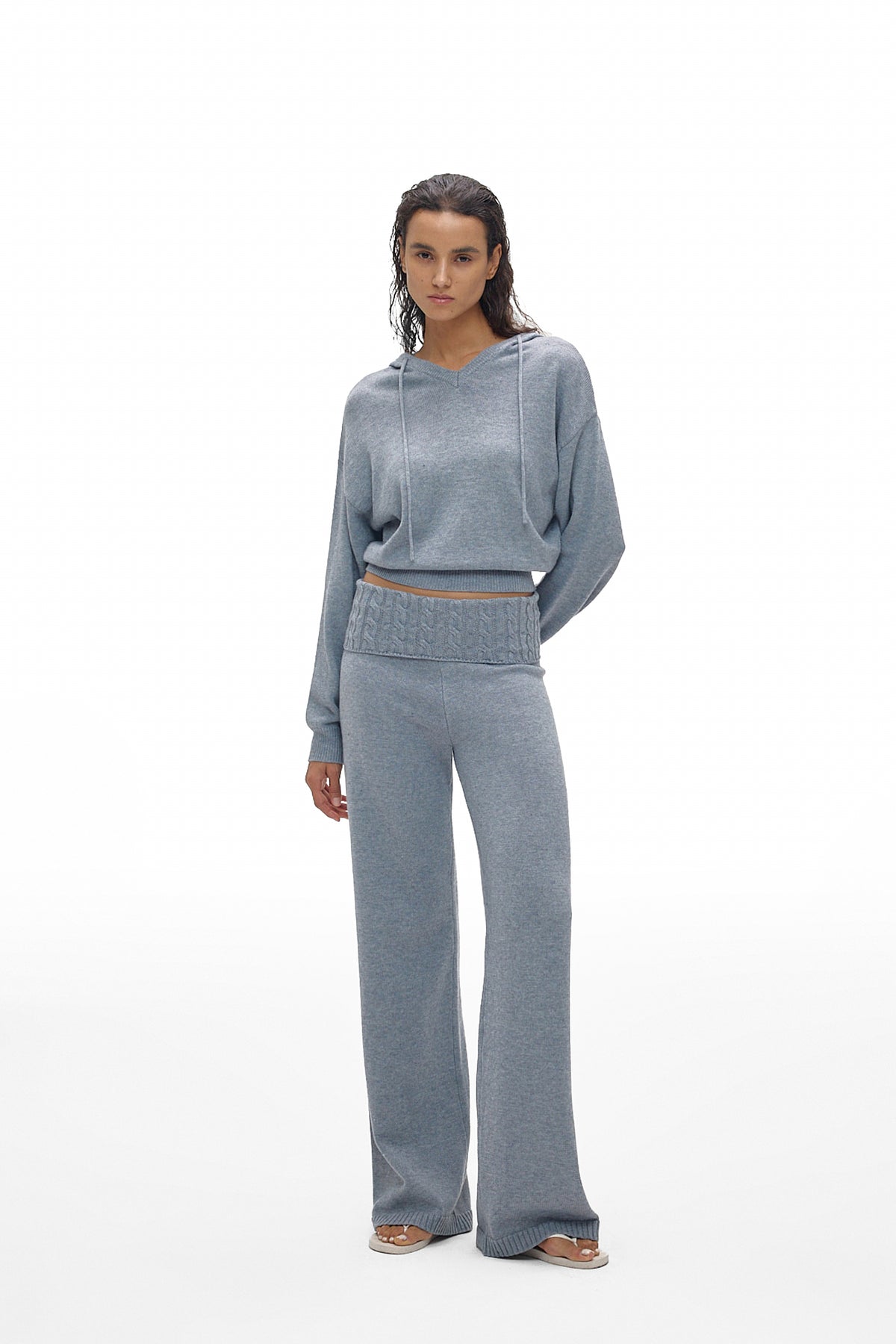 Foldover Waist Wide-Leg Knit Pants